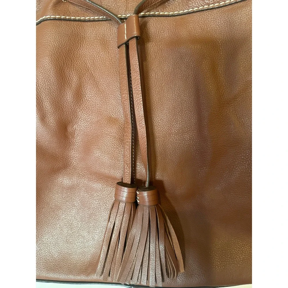 Cole Haan Brown Pebbled Leather Tote Shoulder Bag Tassel Drawstring Whipstitch